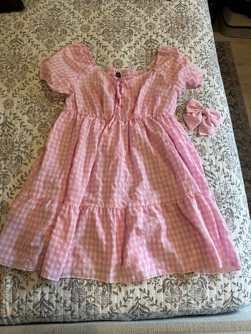Barbie Pink Gingham Puff Sleeve Tiered Dress with Scrunchie